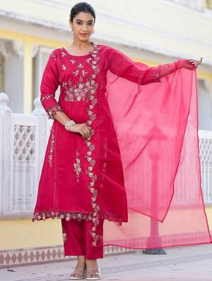 Floral Embroidered Pure Silk A-Line Kurta with Trouser & Dupatta 6