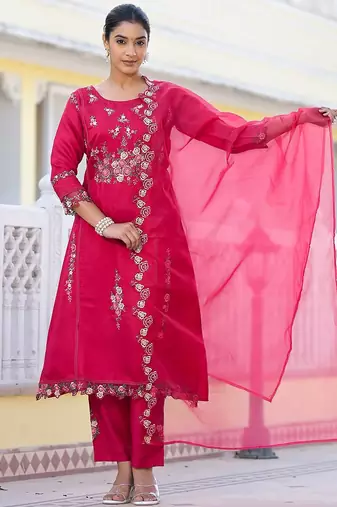 Floral Embroidered Pure Silk A-Line Kurta with Trouser & Dupatta