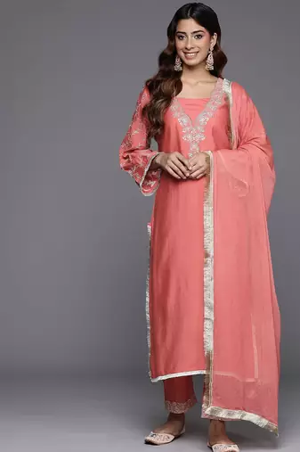 Floral Embroidered Sequinned Kurta with Trousers & Dupatta