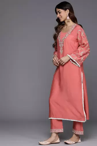 Floral Embroidered Sequinned Kurta with Trousers & Dupatta