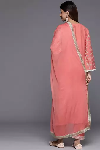 Floral Embroidered Sequinned Kurta with Trousers & Dupatta