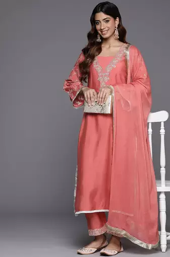Floral Embroidered Sequinned Kurta with Trousers & Dupatta