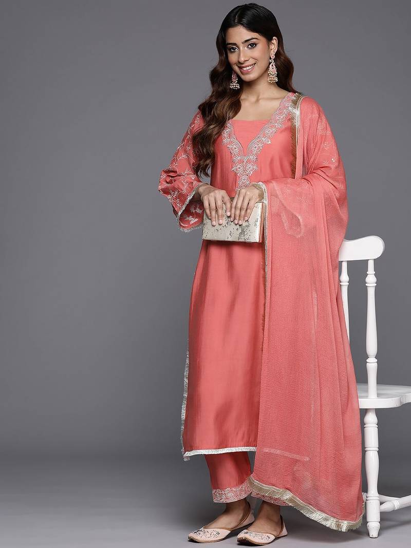Floral Embroidered Sequinned Kurta with Trousers & Dupatta