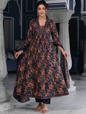 Floral Printed & Sequinned Pure Cotton Anarkali Kurta With Trouser & Dupatta 1