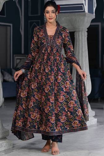 Floral Printed & Sequinned Pure Cotton Anarkali Kurta With Trouser & Dupatta
