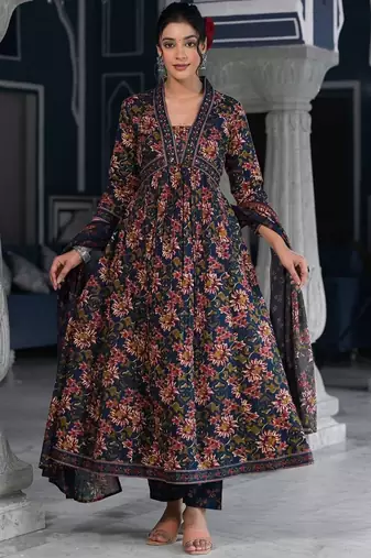 Floral Printed & Sequinned Pure Cotton Anarkali Kurta With Trouser & Dupatta