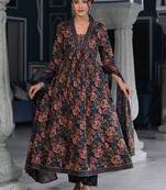 Floral Printed & Sequinned Pure Cotton Anarkali Kurta With Trouser & Dupatta
