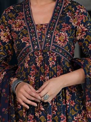 Floral Printed & Sequinned Pure Cotton Anarkali Kurta With Trouser & Dupatta 2