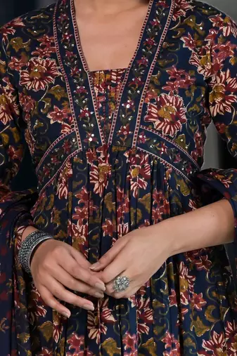 Floral Printed & Sequinned Pure Cotton Anarkali Kurta With Trouser & Dupatta