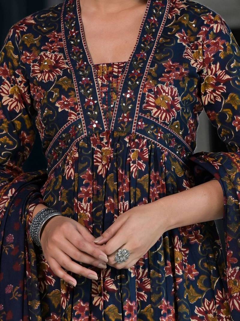 Floral Printed & Sequinned Pure Cotton Anarkali Kurta With Trouser & Dupatta