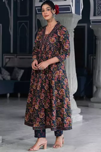 Floral Printed & Sequinned Pure Cotton Anarkali Kurta With Trouser & Dupatta