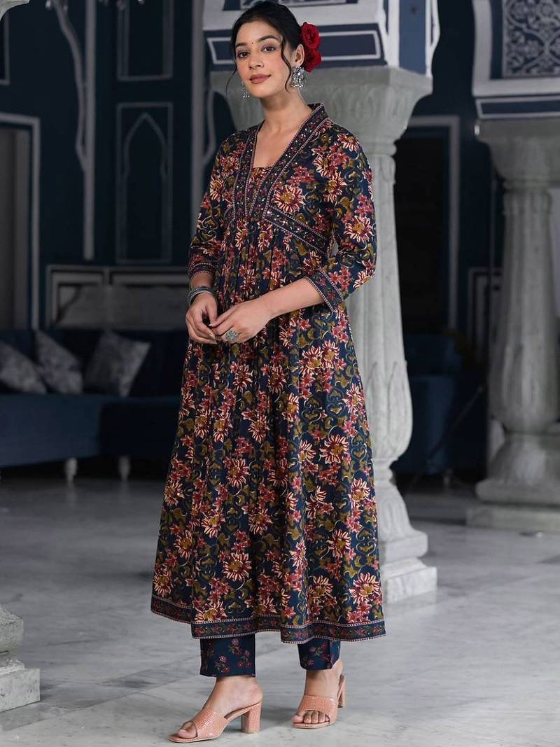 Floral Printed & Sequinned Pure Cotton Anarkali Kurta With Trouser & Dupatta