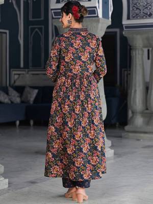 Floral Printed & Sequinned Pure Cotton Anarkali Kurta With Trouser & Dupatta 4