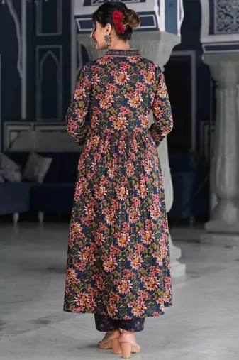 Floral Printed & Sequinned Pure Cotton Anarkali Kurta With Trouser & Dupatta