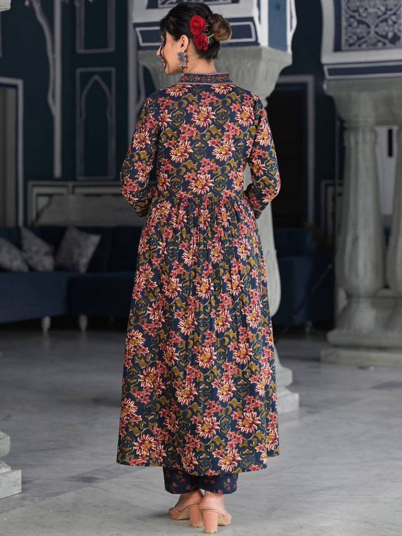 Floral Printed & Sequinned Pure Cotton Anarkali Kurta With Trouser & Dupatta