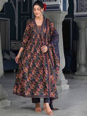 Floral Printed & Sequinned Pure Cotton Anarkali Kurta With Trouser & Dupatta 5