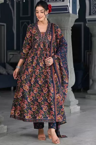 Floral Printed & Sequinned Pure Cotton Anarkali Kurta With Trouser & Dupatta