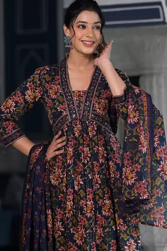 Floral Printed & Sequinned Pure Cotton Anarkali Kurta With Trouser & Dupatta