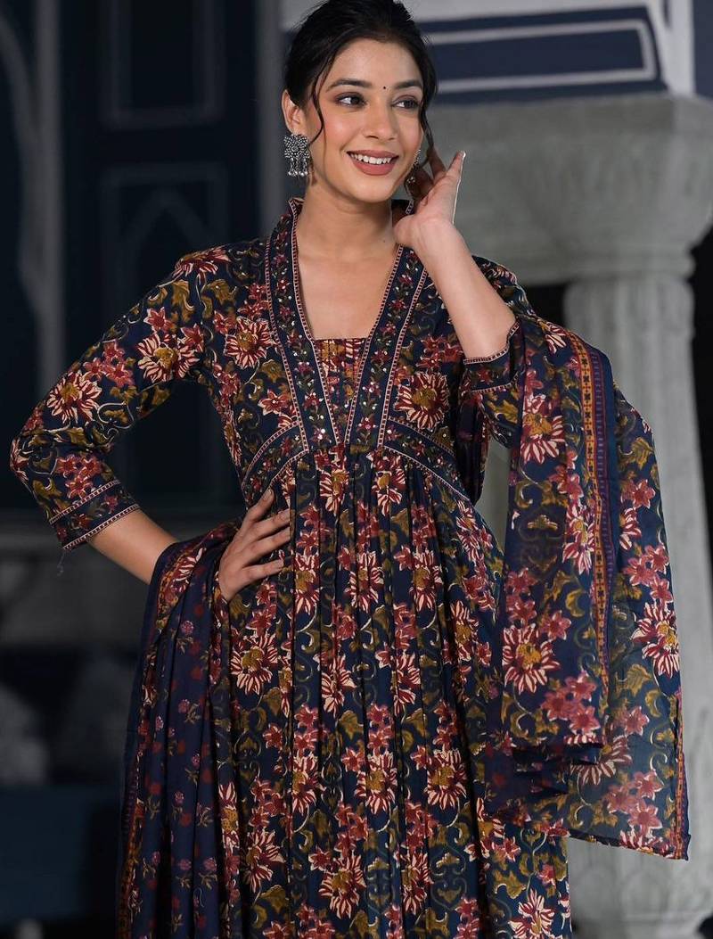 Floral Printed & Sequinned Pure Cotton Anarkali Kurta With Trouser & Dupatta