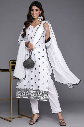 Floral Embroidered Thread Work Pure Cotton Kurta with Trousers & Dupatta