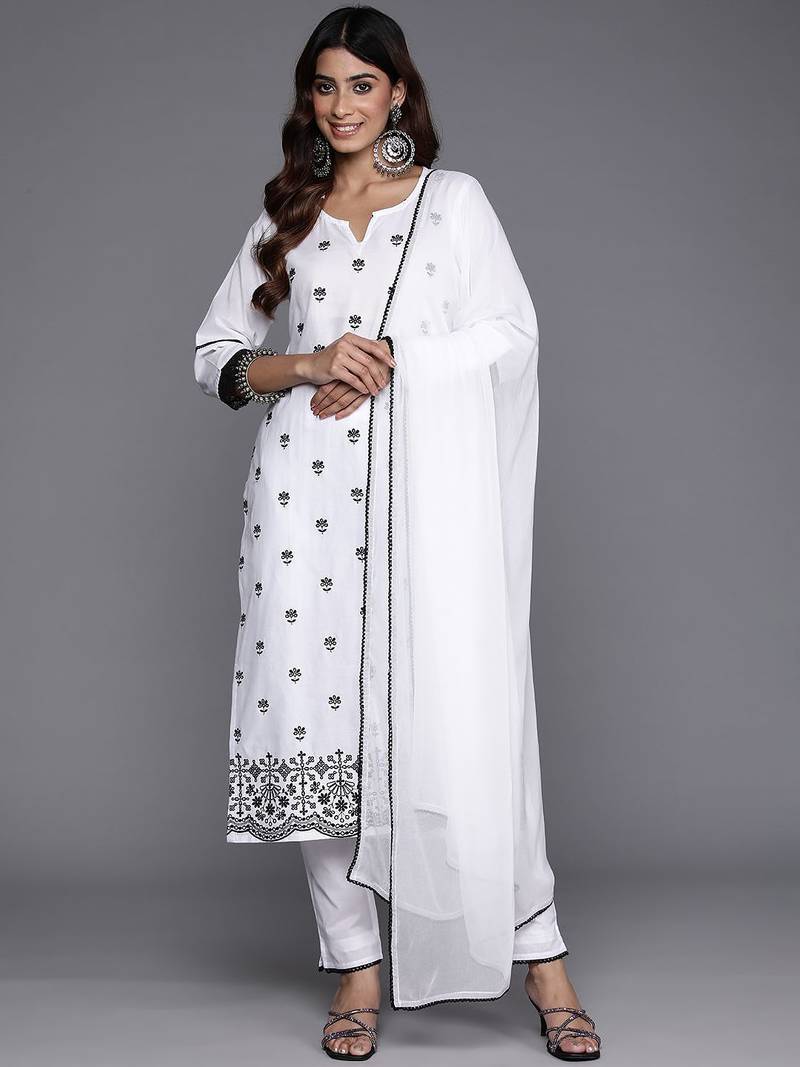 Floral Embroidered Thread Work Pure Cotton Kurta with Trousers & Dupatta