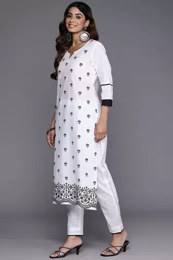 Floral Embroidered Thread Work Pure Cotton Kurta with Trousers & Dupatta