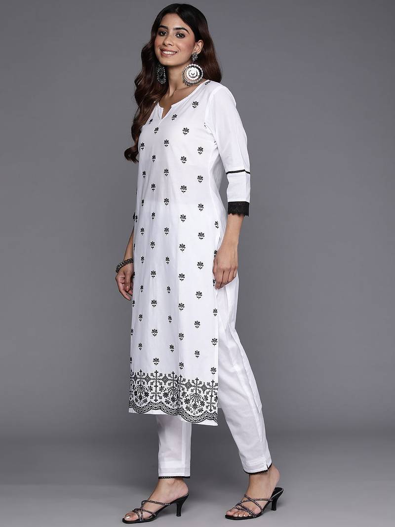 Floral Embroidered Thread Work Pure Cotton Kurta with Trousers & Dupatta