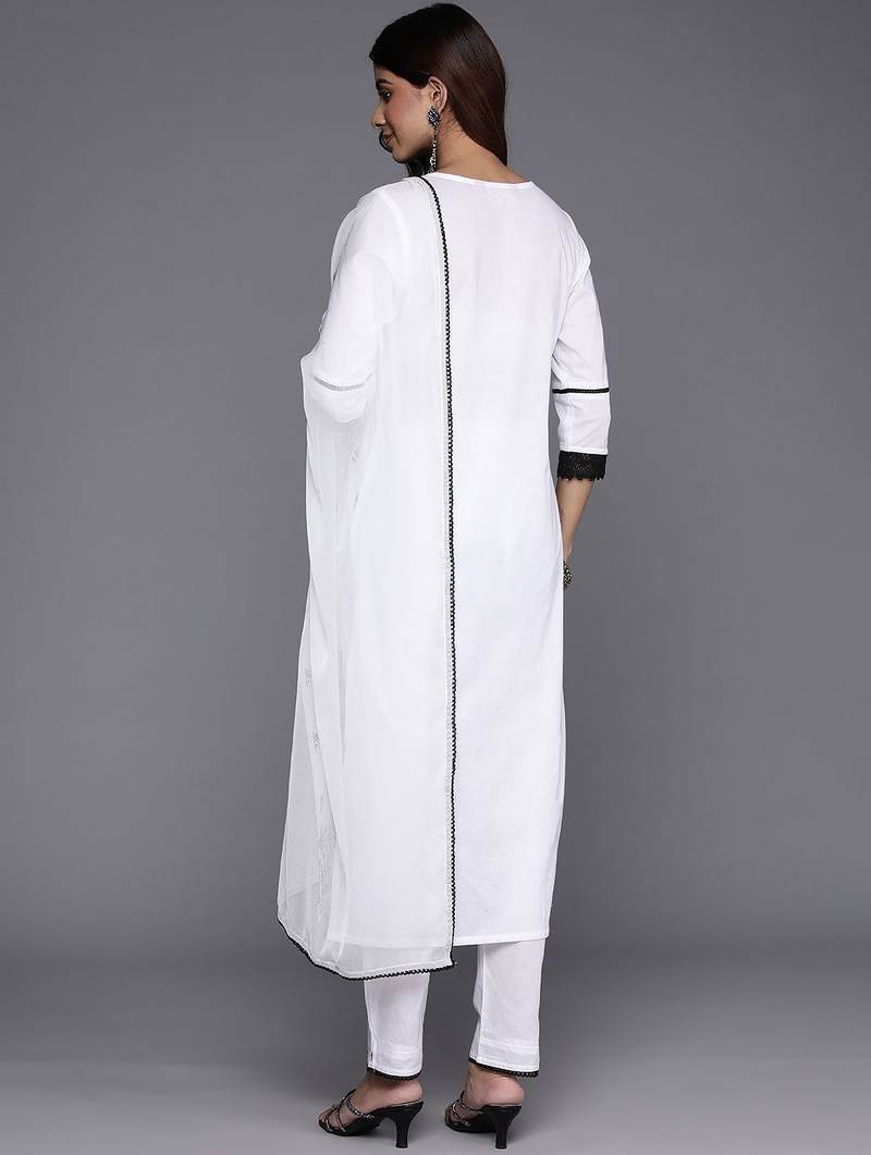 Floral Embroidered Thread Work Pure Cotton Kurta with Trousers & Dupatta