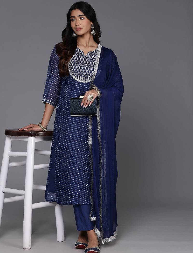 Women Yoke Design Regular Kurta with Trousers & With Dupatta