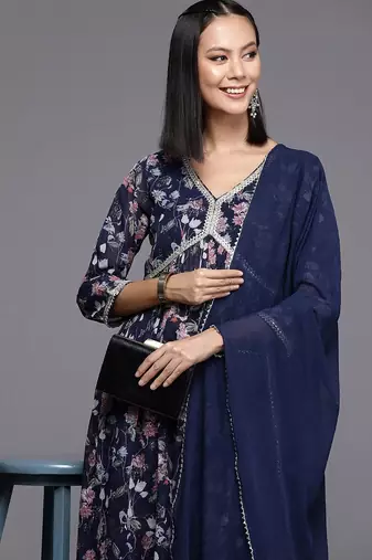 Floral Printed Pleated Gotta Patti Silk Georgette Kurta with Trousers & Dupatta