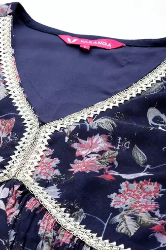Floral Printed Pleated Gotta Patti Silk Georgette Kurta with Trousers & Dupatta