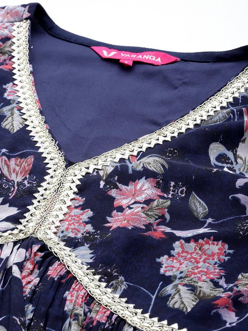 Floral Printed Pleated Gotta Patti Silk Georgette Kurta with Trousers & Dupatta