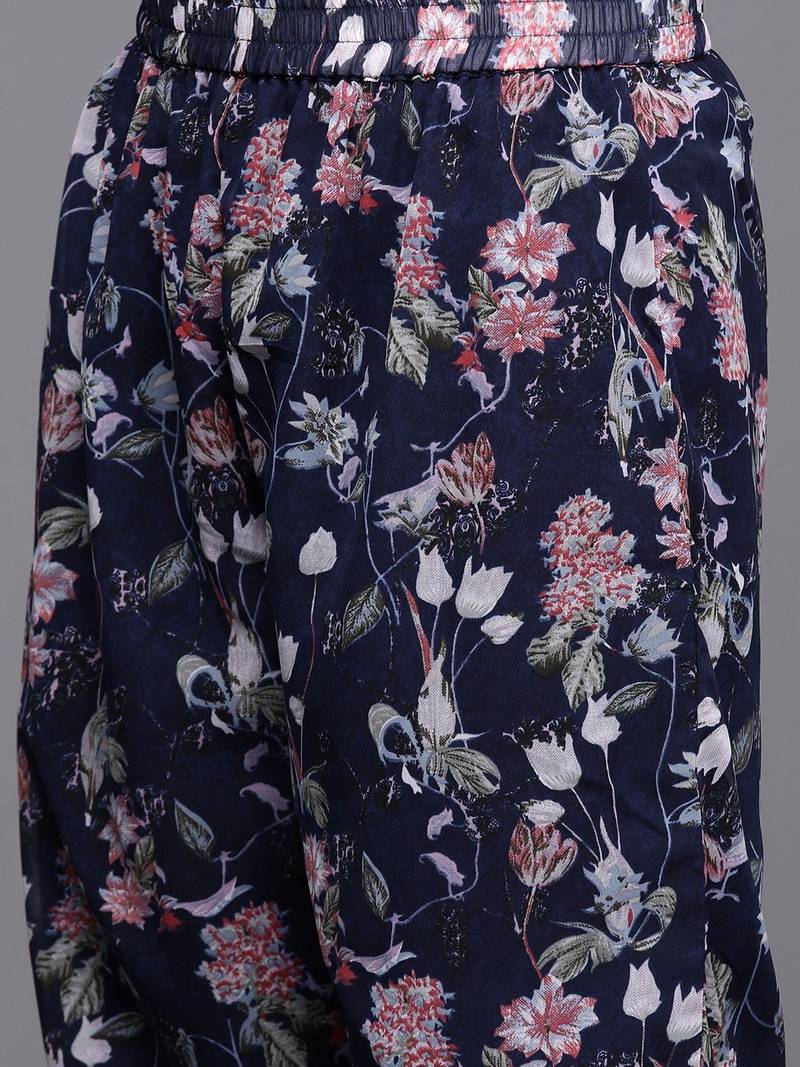 Floral Printed Pleated Gotta Patti Silk Georgette Kurta with Trousers & Dupatta