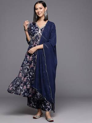 Floral Printed Pleated Gotta Patti Silk Georgette Kurta with Trousers & Dupatta 1