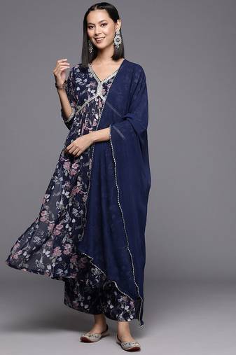 Floral Printed Pleated Gotta Patti Silk Georgette Kurta with Trousers & Dupatta