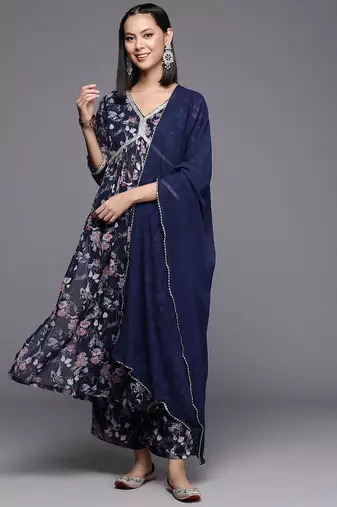 Floral Printed Pleated Gotta Patti Silk Georgette Kurta with Trousers & Dupatta