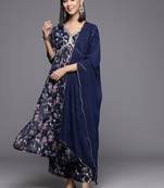 Floral Printed Pleated Gotta Patti Silk Georgette Kurta with Trousers & Dupatta