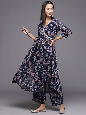 Floral Printed Pleated Gotta Patti Silk Georgette Kurta with Trousers & Dupatta 6