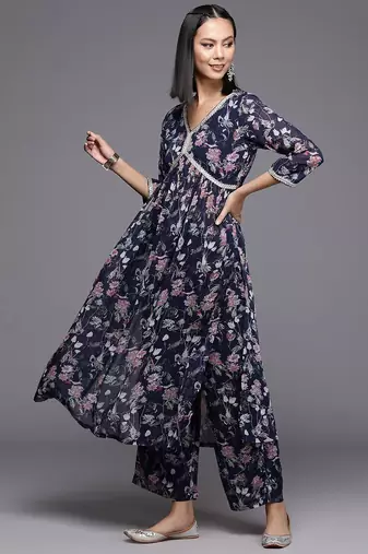 Floral Printed Pleated Gotta Patti Silk Georgette Kurta with Trousers & Dupatta
