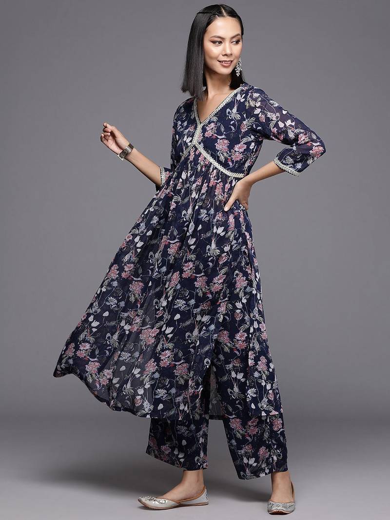 Floral Printed Pleated Gotta Patti Silk Georgette Kurta with Trousers & Dupatta