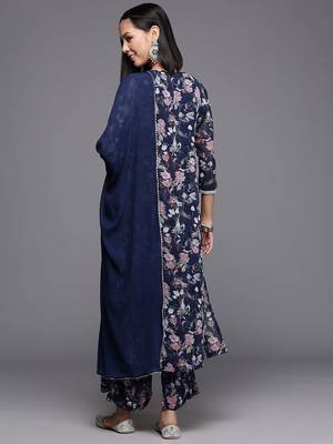 Floral Printed Pleated Gotta Patti Silk Georgette Kurta with Trousers & Dupatta 7