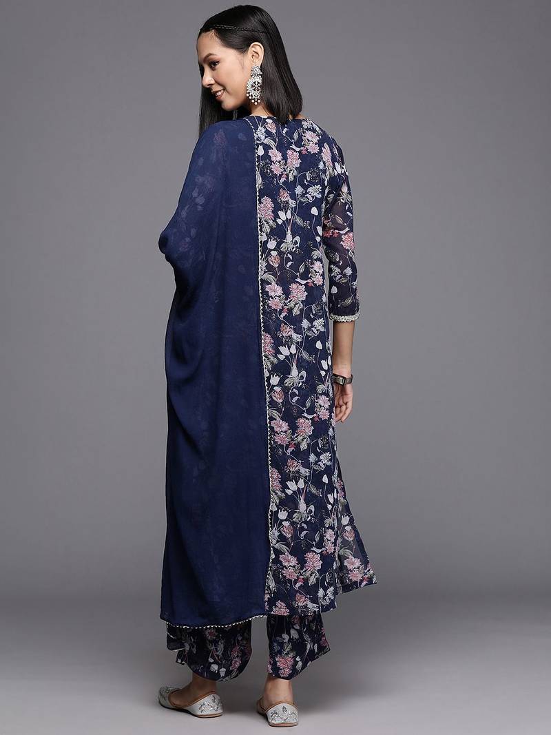 Floral Printed Pleated Gotta Patti Silk Georgette Kurta with Trousers & Dupatta