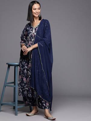 Floral Printed Pleated Gotta Patti Silk Georgette Kurta with Trousers & Dupatta 8