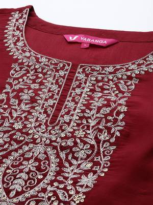 Women Floral Yoke Design Sequinned Chanderi Silk Kurta with Trousers & Dupatta 3