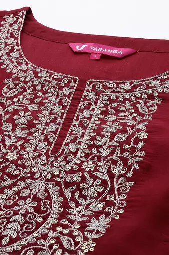 Women Floral Yoke Design Sequinned Chanderi Silk Kurta with Trousers & Dupatta