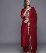 Women Floral Yoke Design Sequinned Chanderi Silk Kurta with Trousers & Dupatta