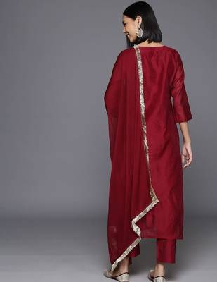 Women Floral Yoke Design Sequinned Chanderi Silk Kurta with Trousers & Dupatta 7