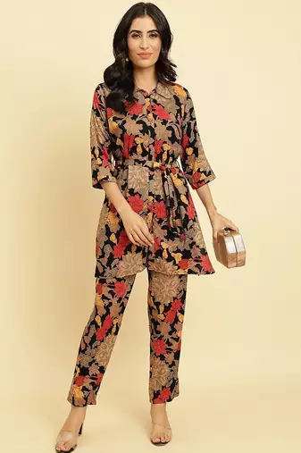 Shirt Collar Floral Printed Tie-Ups Regular Kurta with Trousers