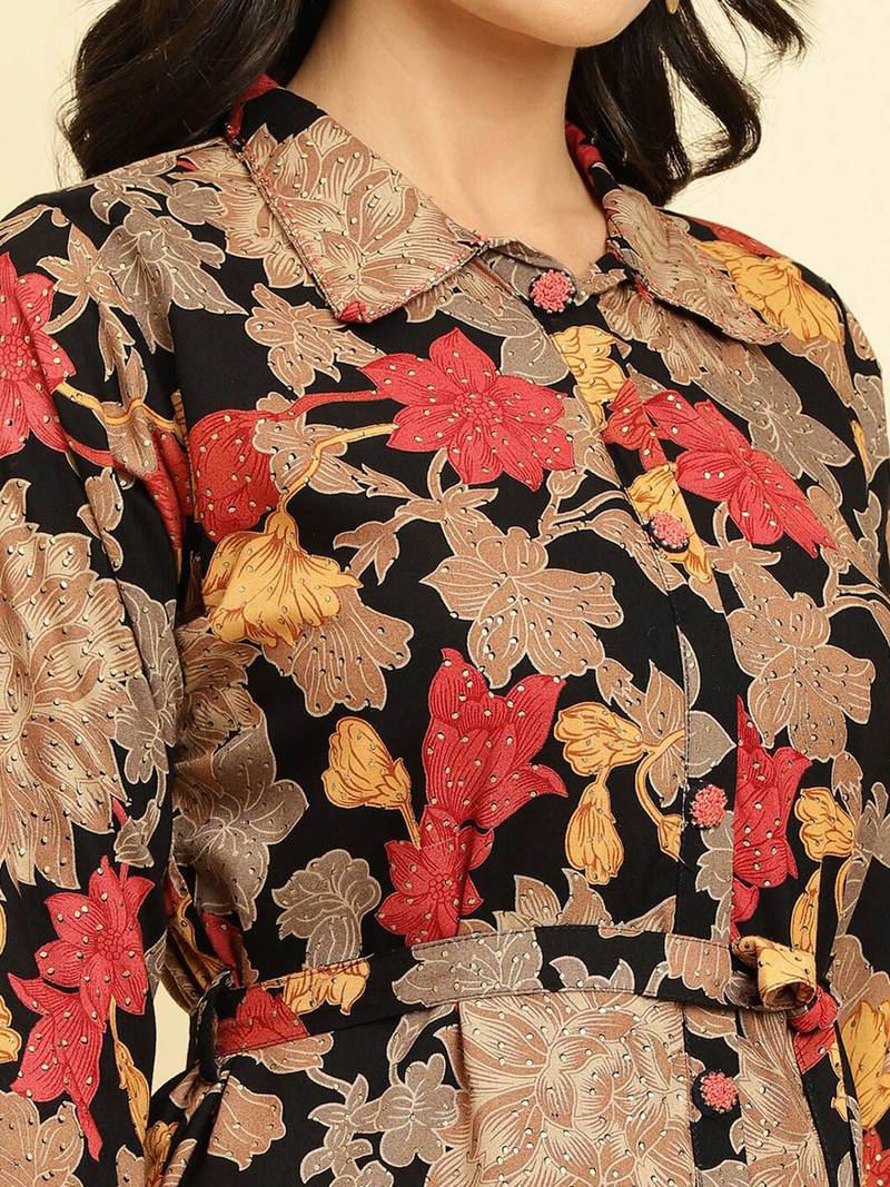 Shirt Collar Floral Printed Tie-Ups Regular Kurta with Trousers