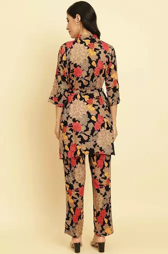 Shirt Collar Floral Printed Tie-Ups Regular Kurta with Trousers
